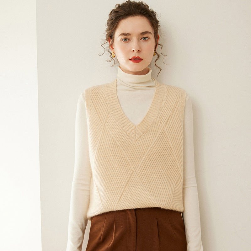 Womens V Neck Ribbed Cashmere Sweater Vest Textured Cashmere Knit Pullover Beige XS