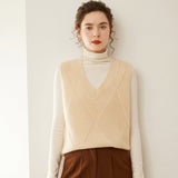 Womens V Neck Ribbed Cashmere Sweater Vest Textured Cashmere Knit Pullover Beige XS