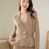 Womens Shawl - Collar Cable Knit Cashmere Cardigan V - Neck Button Coat