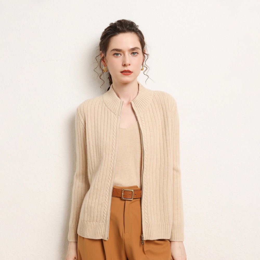 Womens Zip-Up Cashmere Cardigan Ribbed Mock Neck Cashmere Sweater Beige XS
