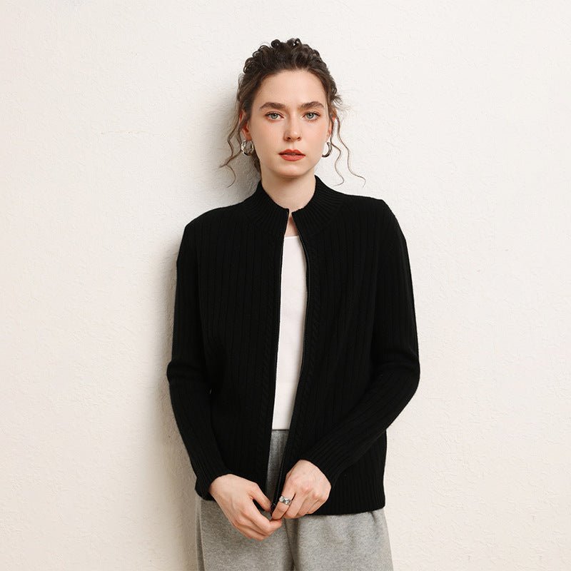 Womens Zip-Up Cashmere Cardigan Ribbed Mock Neck Cashmere Sweater Black XS