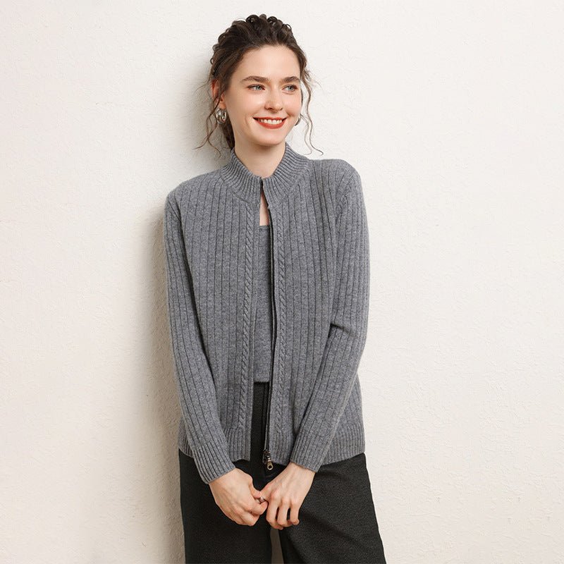 Womens Zip-Up Cashmere Cardigan Ribbed Mock Neck Cashmere Sweater Gray XS