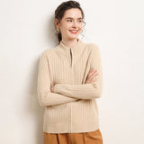 Womens Zip-Up Cashmere Cardigan Ribbed Mock Neck Cashmere Sweater Beige XS