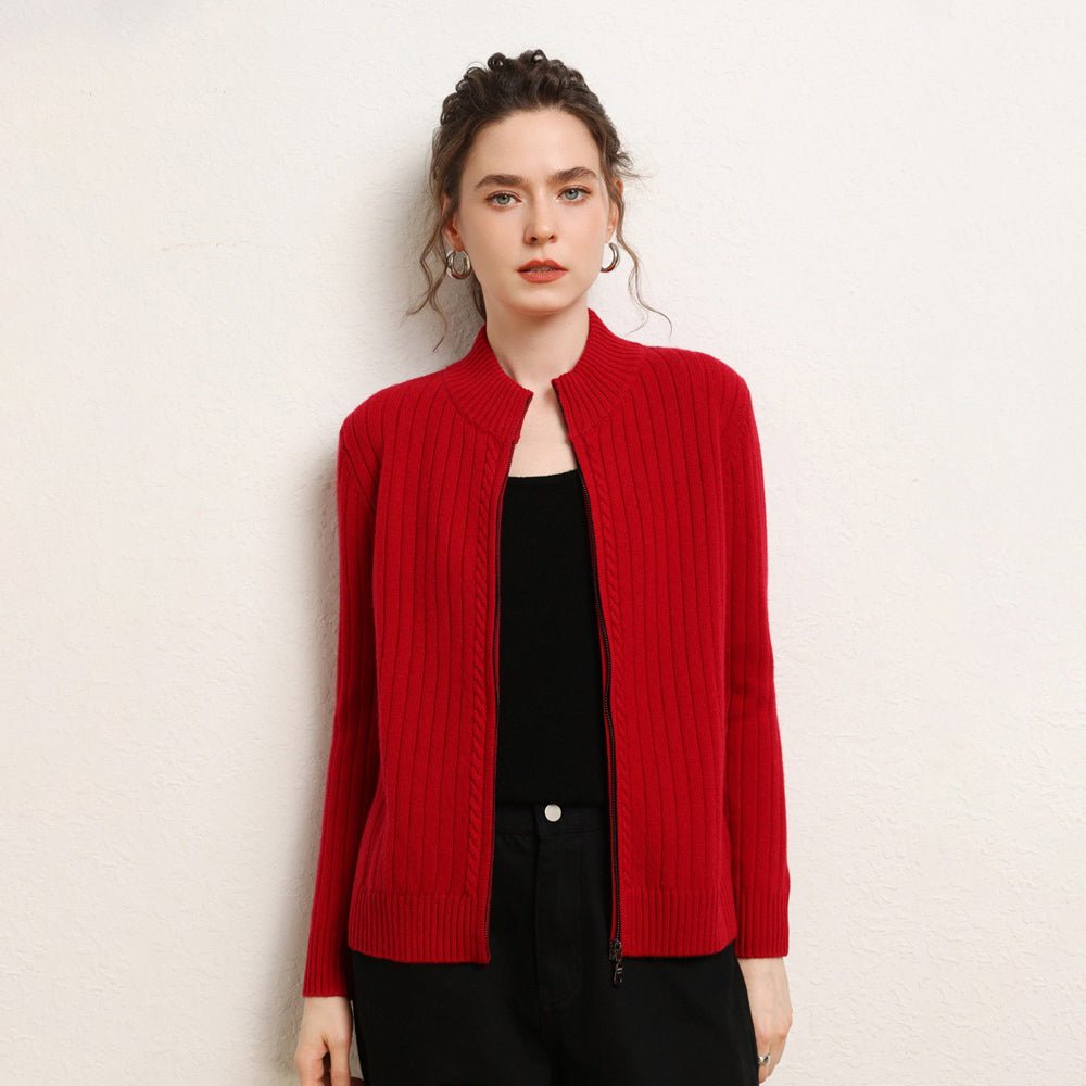 Womens Zip-Up Cashmere Cardigan Ribbed Mock Neck Cashmere Sweater Claret XS