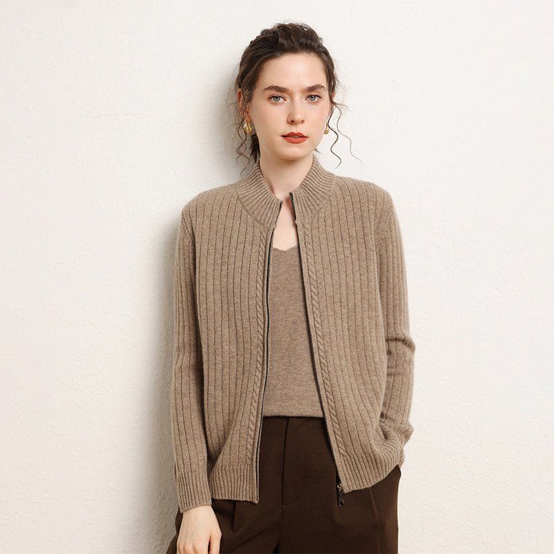 Womens Zip-Up Cashmere Cardigan Ribbed Mock Neck Cashmere Sweater Taupe XS