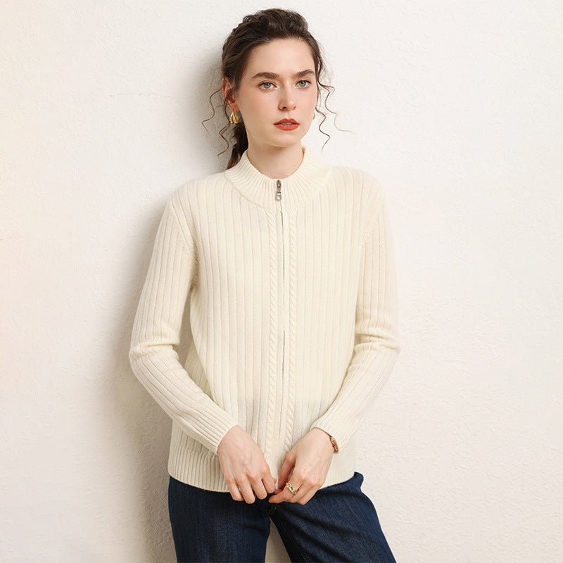 Womens Zip-Up Cashmere Cardigan Ribbed Mock Neck Cashmere Sweater Ivory XS
