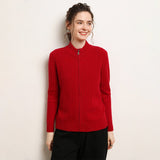 Womens Zip-Up Cashmere Cardigan Ribbed Mock Neck Cashmere Sweater Claret XS
