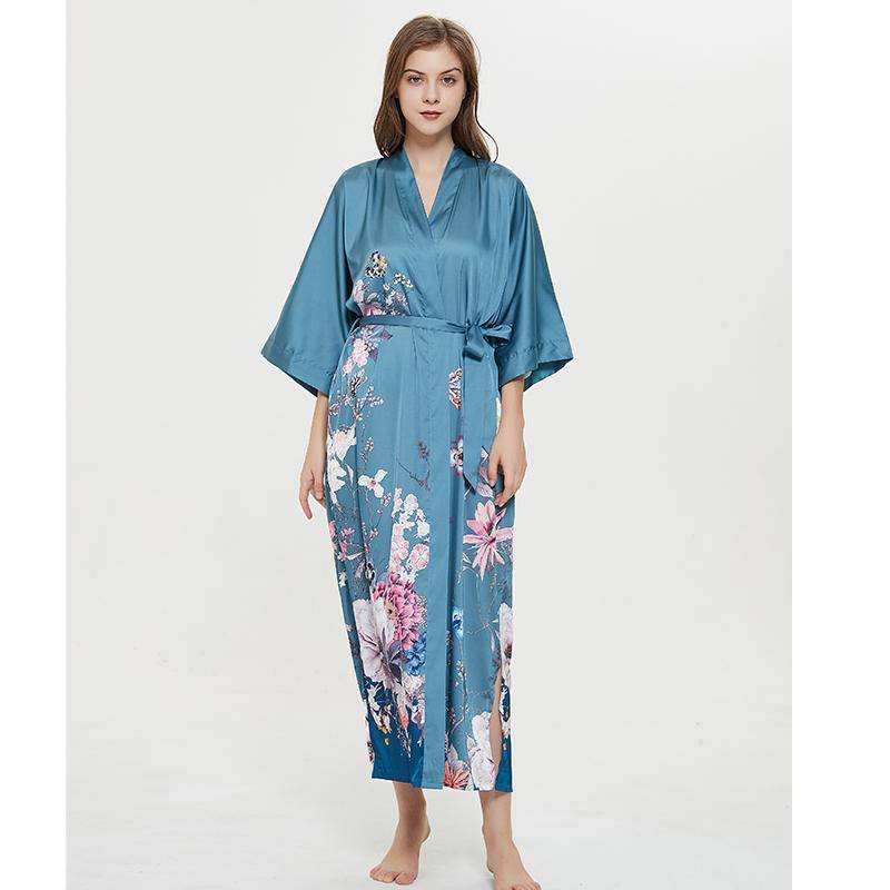 lade voks frill Women's 100% Silk Kimono Robe Blue Floral Printed 3/4 Sleeves Japanese