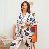 Women's Silk Pajamas Set Floral Print Button-Up Silk Sleepwear