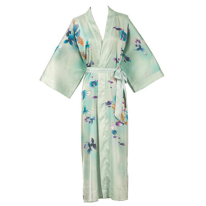 19 Momme Long 100% Silk Kimono Robes lotus silk clothes Women's Handpainted Lotus lower and Fishes -  slipintosoft