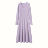 Womens V Neck Cashmere Dress Ribbed Knit Long Sleeve Cashmere Maxi Dress
