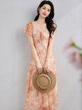 Romantic Puff Sleeve Summer Silk Dress Silk Maxi Dress for Women Silk Floral Dress