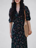 Vintage Womens Silk Midi Dress Silk Floral Dress V-Neck Silk Wrap Dress