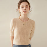 Womens Crew Neck Cashmere Sweater Short Sleeve Textured Cashmere Knit Top