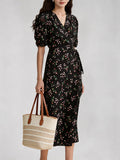 Vintage Womens Silk Midi Dress Silk Floral Dress V-Neck Silk Wrap Dress