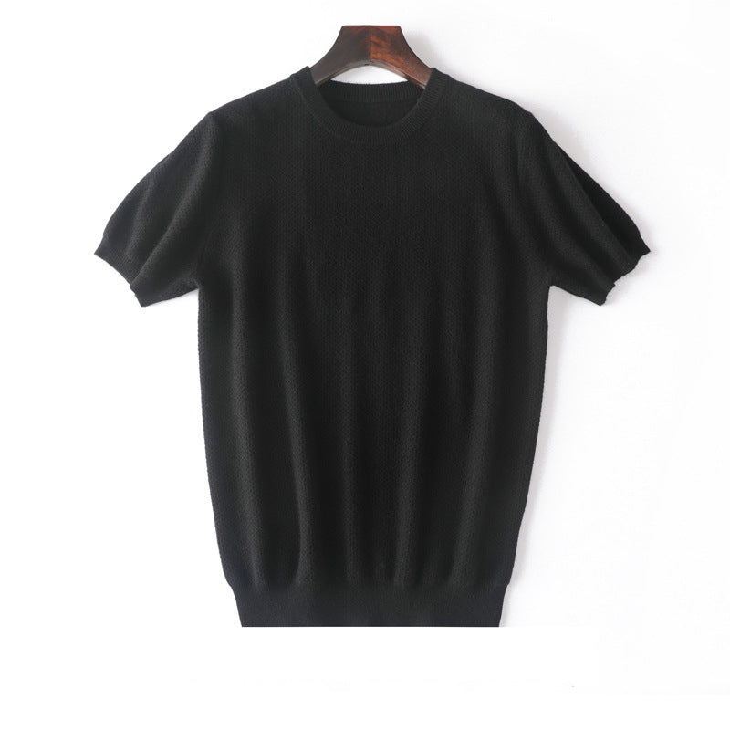 Mens Short Sleeve Pure Cashmere Sweater Crew Neck Textured Knit Tops
