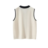Womens Polo Neck Cashmere Vest Contrast Trim Sleeveless Cashmere Knit Sweater