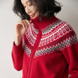 Womens Fair Isle Cashmere Cardigan Full Zip Mock Neck Cashmere Sweater