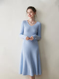 Womens V Neck Cashmere Dress Ribbed Knit Long Sleeve Cashmere Maxi Dress
