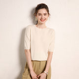 Womens Short Sleeve Cashmere Sweater Crew Neck Cashmere Knit Pullover