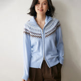 Womens Fair Isle Cashmere Cardigan Full Zip Mock Neck Cashmere Sweater
