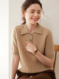 Womens Polo Neck Cashmere Sweater Short Sleeve Cable Knit Cashmere Top