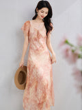 Romantic Puff Sleeve Summer Silk Dress Silk Maxi Dress for Women Silk Floral Dress