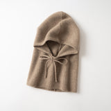 Cashmere Hooded Scarf Ribbed Knit Cashmere Balaclava with Drawstrings