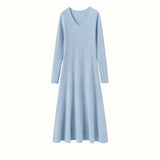 Womens V Neck Cashmere Dress Ribbed Knit Long Sleeve Cashmere Maxi Dress