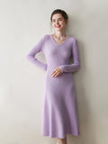 Womens V Neck Cashmere Dress Ribbed Knit Long Sleeve Cashmere Maxi Dress