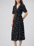 Vintage Womens Silk Midi Dress Silk Floral Dress V-Neck Silk Wrap Dress