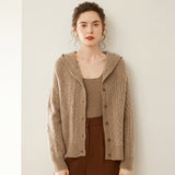 Womens Cashmere Cardigan Button Front Cashmere Sweater Cable Knit Cashmere Hooded