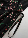 Vintage Womens Silk Midi Dress Silk Floral Dress V-Neck Silk Wrap Dress
