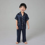 19 Momme Boys Short Silk Pajamas Set White Trimming Kid's Comfortable Nightwear -  slipintosoft