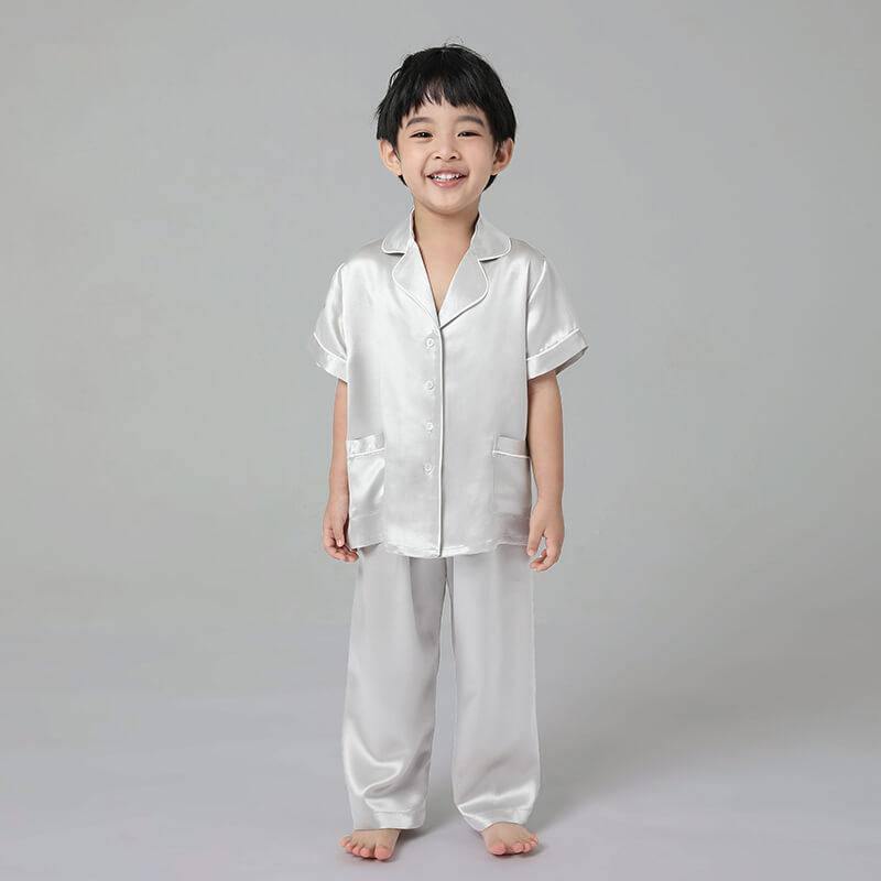 19 Momme Boys Short Silk Pajamas Set White Trimming Kid's Comfortable Nightwear -  slipintosoft