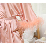 Silk Kimono Robe with Ostrich Feather Trim Long Silk Wedding Bridesmaid Robe - slipintosoft