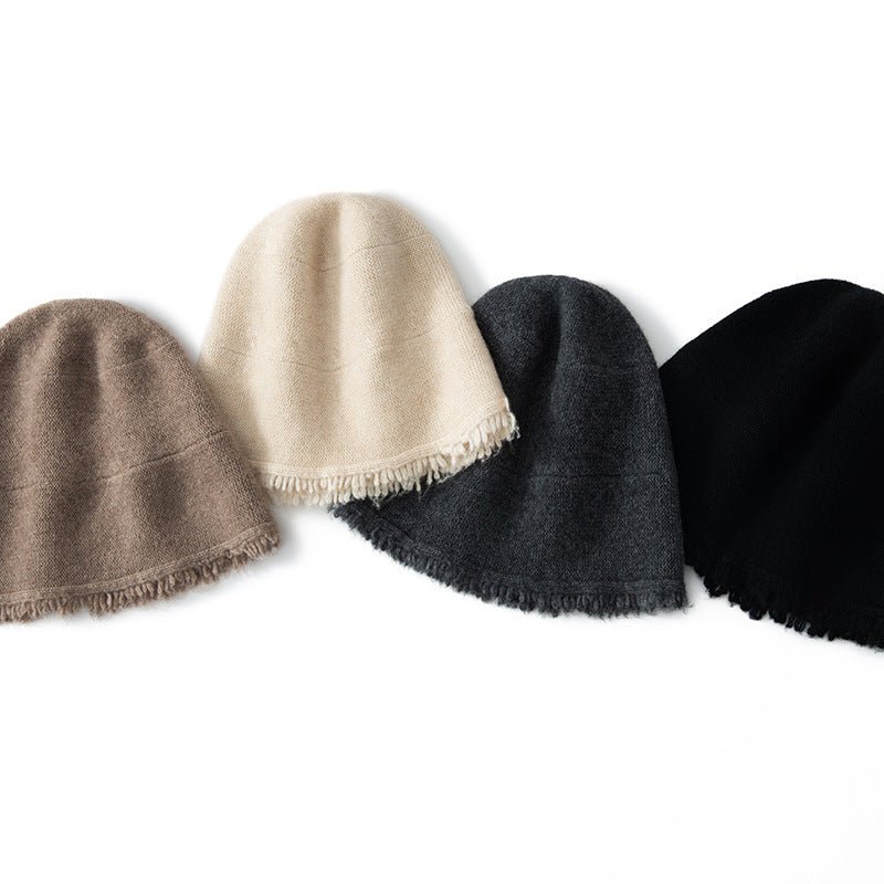 cashmere beanie solid cashmere cable knitted hat with rough edges fisherman beanie hat Cashmere Accessories