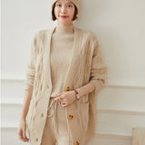 Ladies Cable Knit Cashmere Cardigan Front Pockets V Neck Cashmere Coat