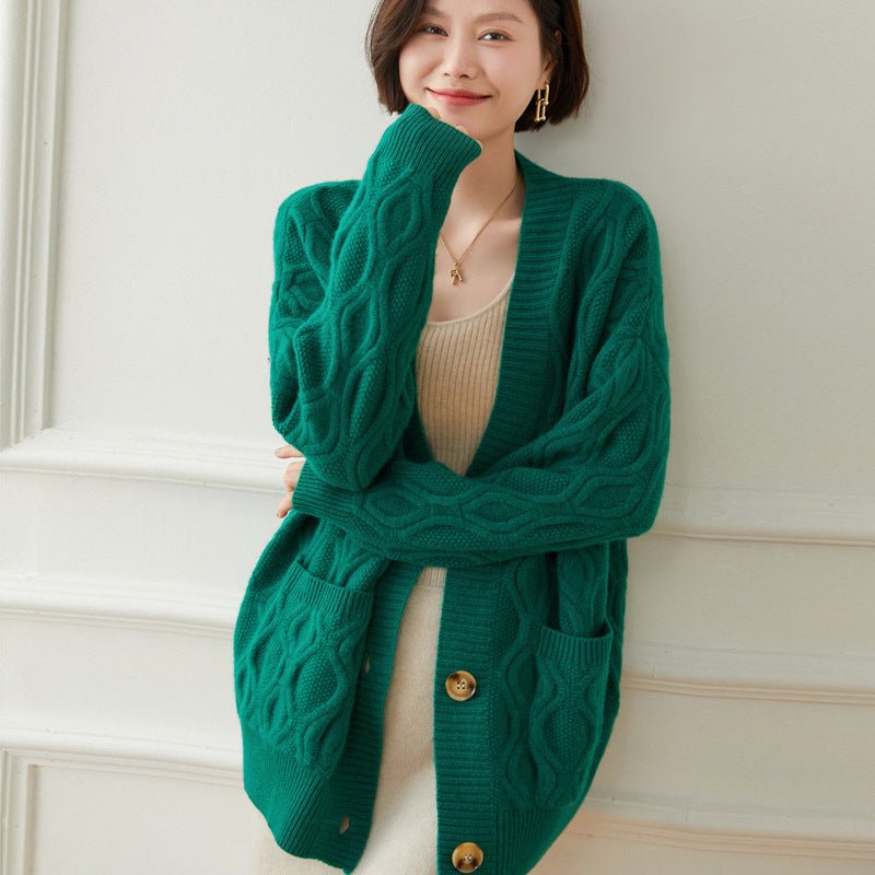 Ladies Cable Knit Cashmere Cardigan Front Pockets V Neck Cashmere Coat