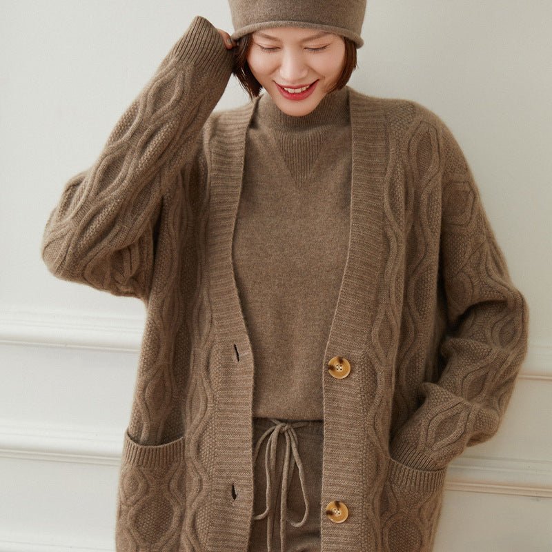 Ladies Cable Knit Cashmere Cardigan Front Pockets V Neck Cashmere Coat