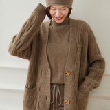 Ladies Cable Knit Cashmere Cardigan Front Pockets V Neck Cashmere Coat