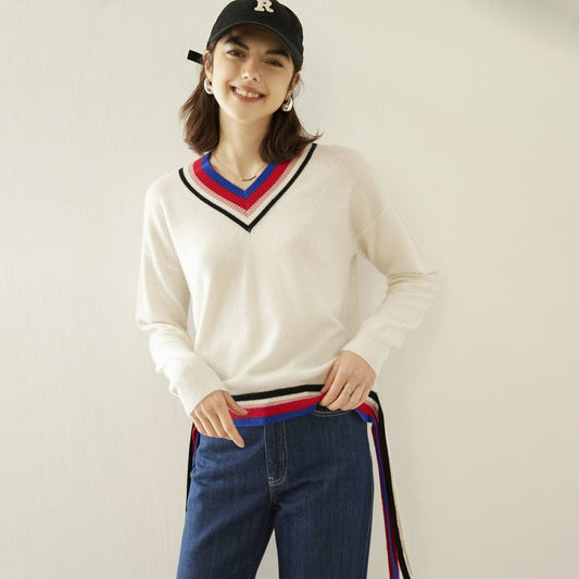 Cashmere Sweater for Women Sweetheart Cashmere Pullover Ribbing Colorful Edge Wool Cashmere Sweater