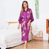 Cherry Blossom And Birds Print 100% Long Silk Kimono Robe