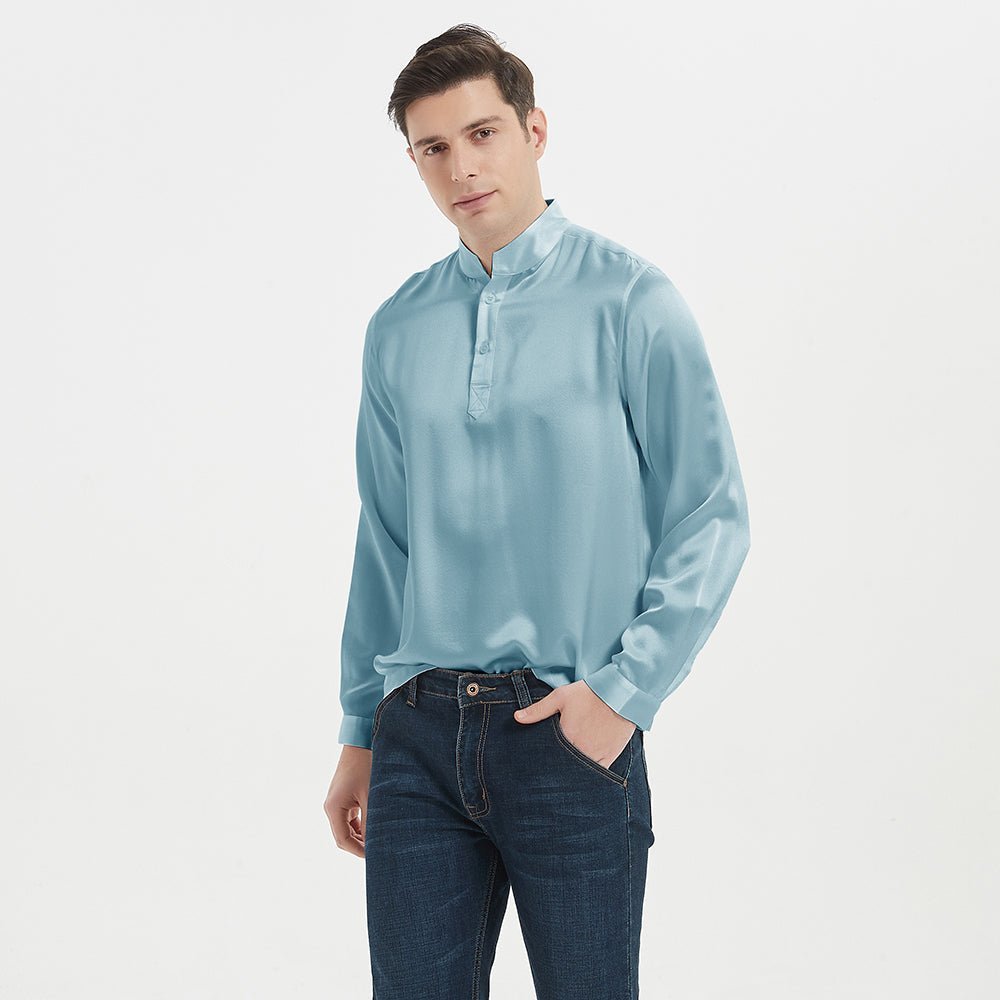 Classic Silk Pullover Shirt For Men 100% Mulberry Silk Long Sleeves Stand Collar Top - slipintosoft