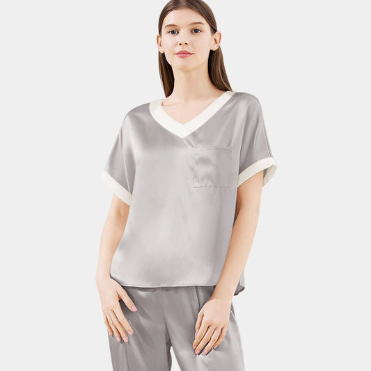 Women's Silk Pajamas Set Contrast V Neck Ladies Silk Pajamas Pure Silk Sleepwear - slipintosoft