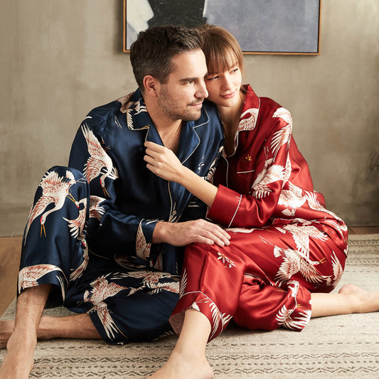 Long Crane Printed Silk Pajamas Set For Couples