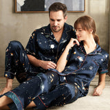 Silk Matching Pajamas Set Universe Printed Couples Silk Pajamas