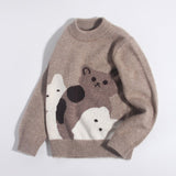 Cute Kids Cashmere Sweater Cats Motif Crew Neck Cashmere Pullover