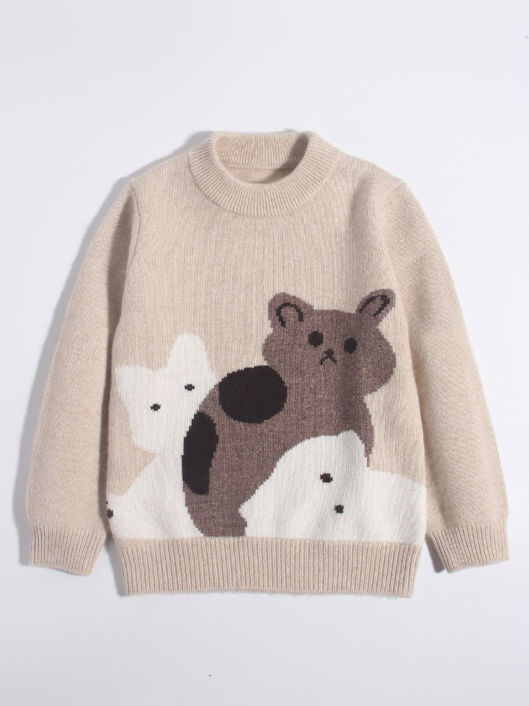 Cute Kids Cashmere Sweater Cats Motif Crew Neck Cashmere Pullover