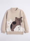 Cute Kids Cashmere Sweater Cats Motif Crew Neck Cashmere Pullover
